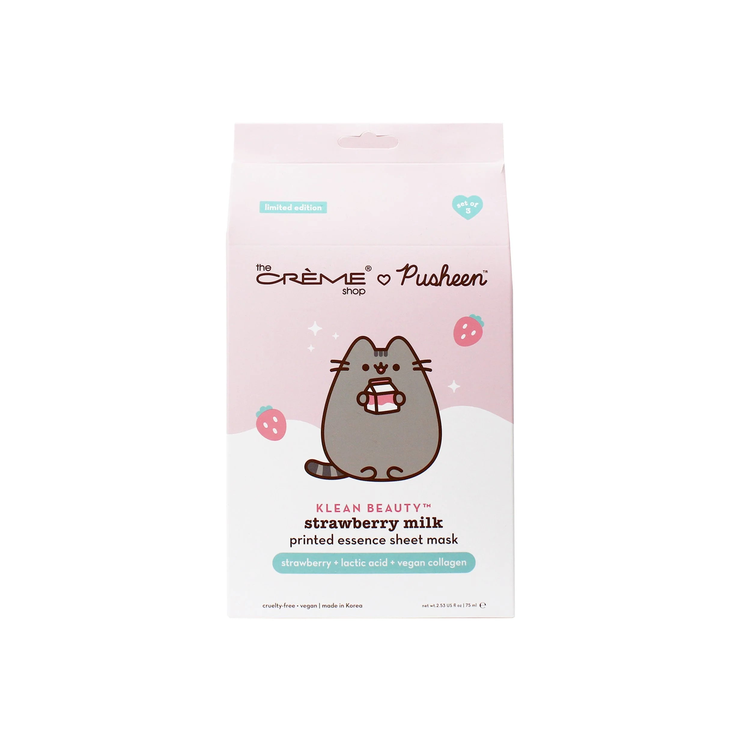 PUSHEEN STRAWBERRY MILK PRINTED ESSENCE SHEET MASK SET OF 3